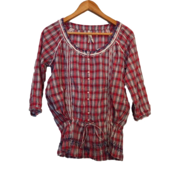 Pepe Jeans London Top Medium Marguerite Red Check Embroidered Western Prairie - Picture 1 of 9